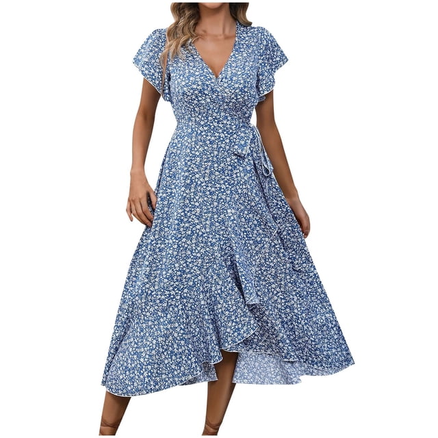 Vestido de Manga Corta para las Mujeres Corbata de Impresión Casual Cuello en V Irregular, Vestido de Verano para las Mujeres