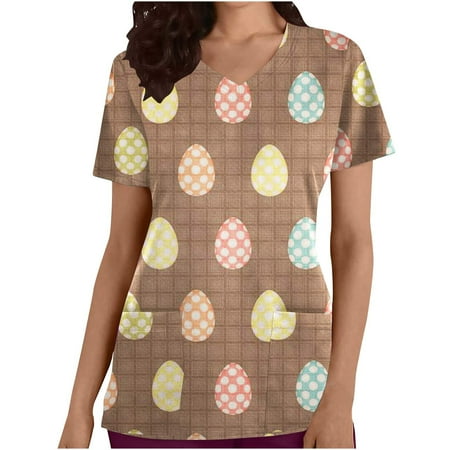 

atinetok Women s Summer Easter Tops Happy Bunny Printed T Shirt Dress Tops Casual Loose Fit Short Sleeve V Neck Scrubs Tops