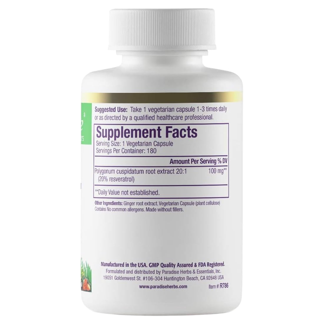 Paradise Herbs Resveratrol Premium Extract, 180 Vegetarian Capsules (100 mg per Capsule)