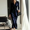 thumbnail image 3 of Women's Dress Long Sleeve Solid Color Tie Waist Classic Elegant Midi Dress for Office Commuting Spring Fall,Navy,L, 3 of 5