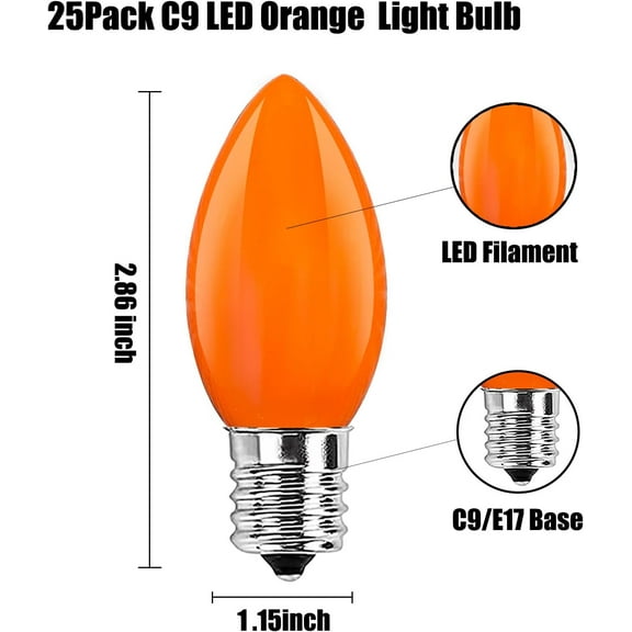 YJYASX-25 Pack C9 Orange Halloween Replacement Bulbs, LED Orange Night Lights for Halloween Christmas Outdoor Indoor Patio String Lights, C9/E17 Candelabra Base, 0.6 Watt