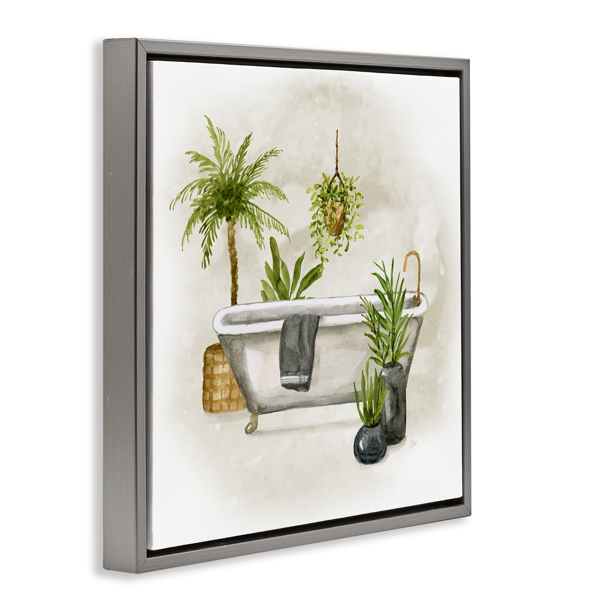 Stupell Industries Plant Filled Bathroom Bath & Laundry Painting Gray Floater Framed Canvas Art Print Wall Art, 25 x 25