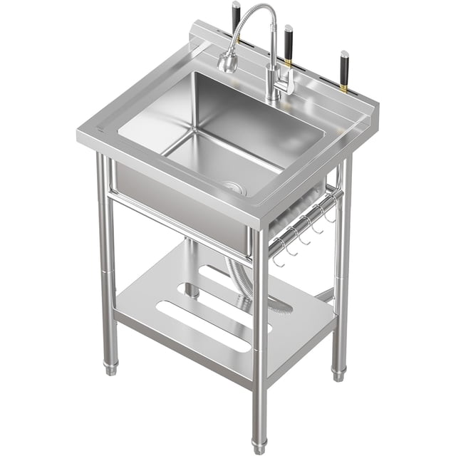 Évier Utilitaire Autoportant en Acier Inoxydable 23x19x36 Po à Bol Unique pour Lessive avec Robinet Coulissant, Tablette de Rangement et Pieds Ajustables