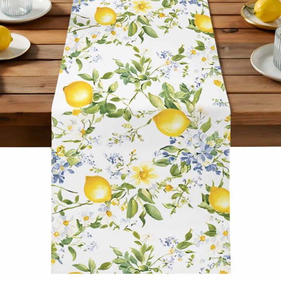 Farmhouse Lemon Table Runner, Flowers Leaf Vintage Summer Botanical Cotton Linen Table Cloth, Tablerunner for Kitchen Dining Party Wedding Home Decor 13x70 Inch
