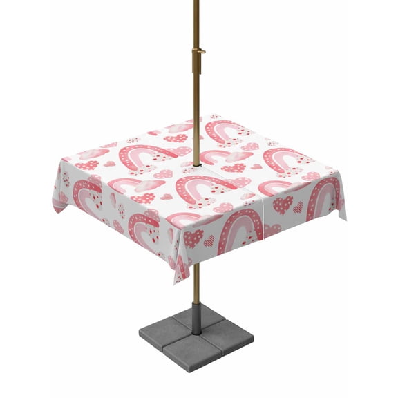 Outdoor Tablecloth with Umbrella Hole and Zipper, Valentine's Day Square Table Cloth 60x60 Inch Waterproof Tablecloth, Pink Rainbow Love Heart Polka Dots Spring Picnic Table Cover for Patio Camping