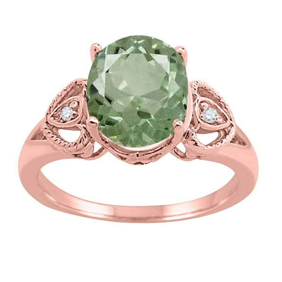 Mauli Jewels Rings for Women 2.42 Carat Oval Green Amethyst and Diamond Ring 4-Prong 10K Rose Gold