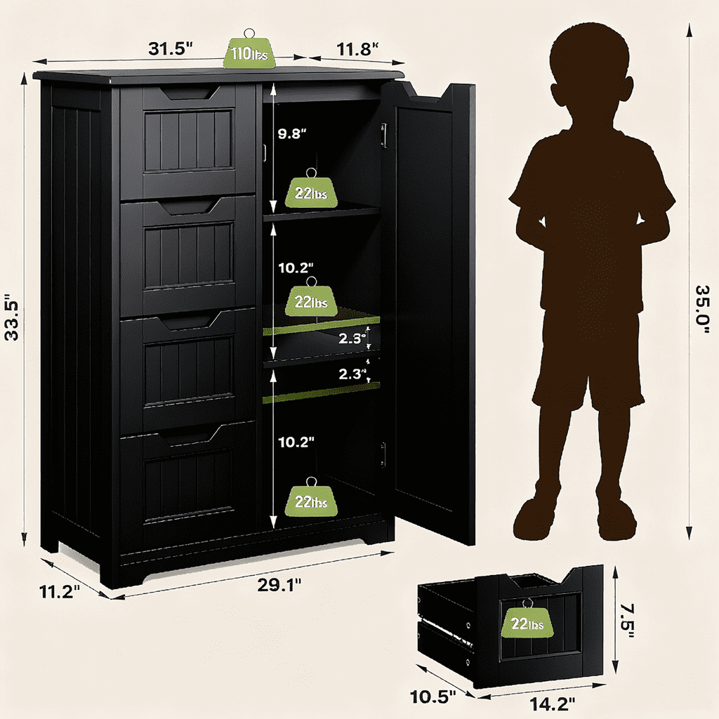 Aiho Wooden Kitchen Pantry Cabinet, 31.5"L Kitchen Storage Cabinets with 4 Drawers, 1 Door and Adjustable Shelves, For Kicchen, Dining Room, Livingroom, Bathroom - BLack