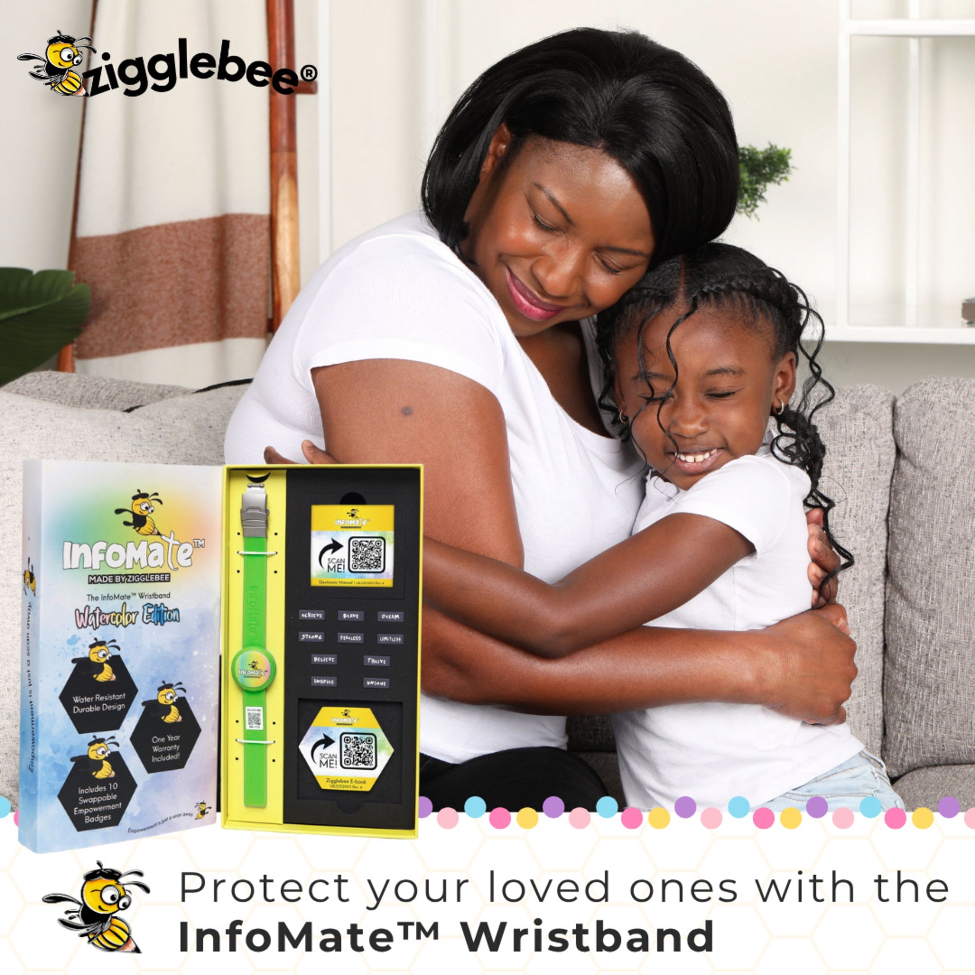 InfoMate by Zigglebee QR Code Medical Bracelet and AirTag Holder Wristband, Lime Green, Butterfly Clasp