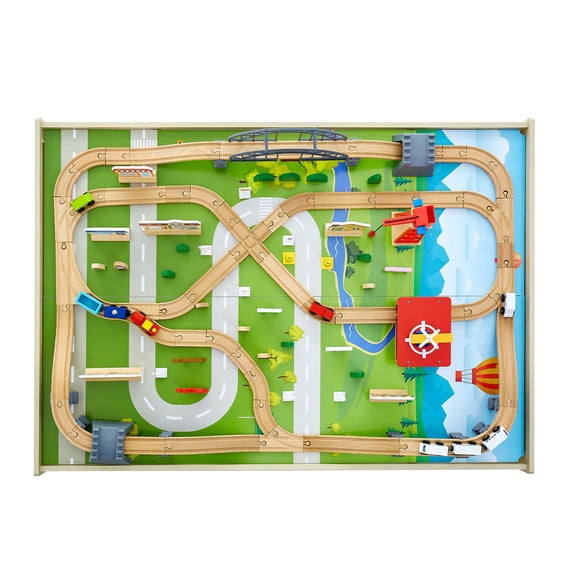 Wooden Train Table Set with 120 Pieces, Collapsible Storage Bin, 3-in-1 Activity Center for Play, Art & Learning, Creative Toddler for Ages 3 and Up