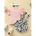 thumbnail image 4 of Genuiskids Infant Baby Girls 3Pcs Clothes Outfit Summer Round Neck Fly Sleeve Tops Milk Cow Printed Suspender Shorts Headband 3-24M, 4 of 9
