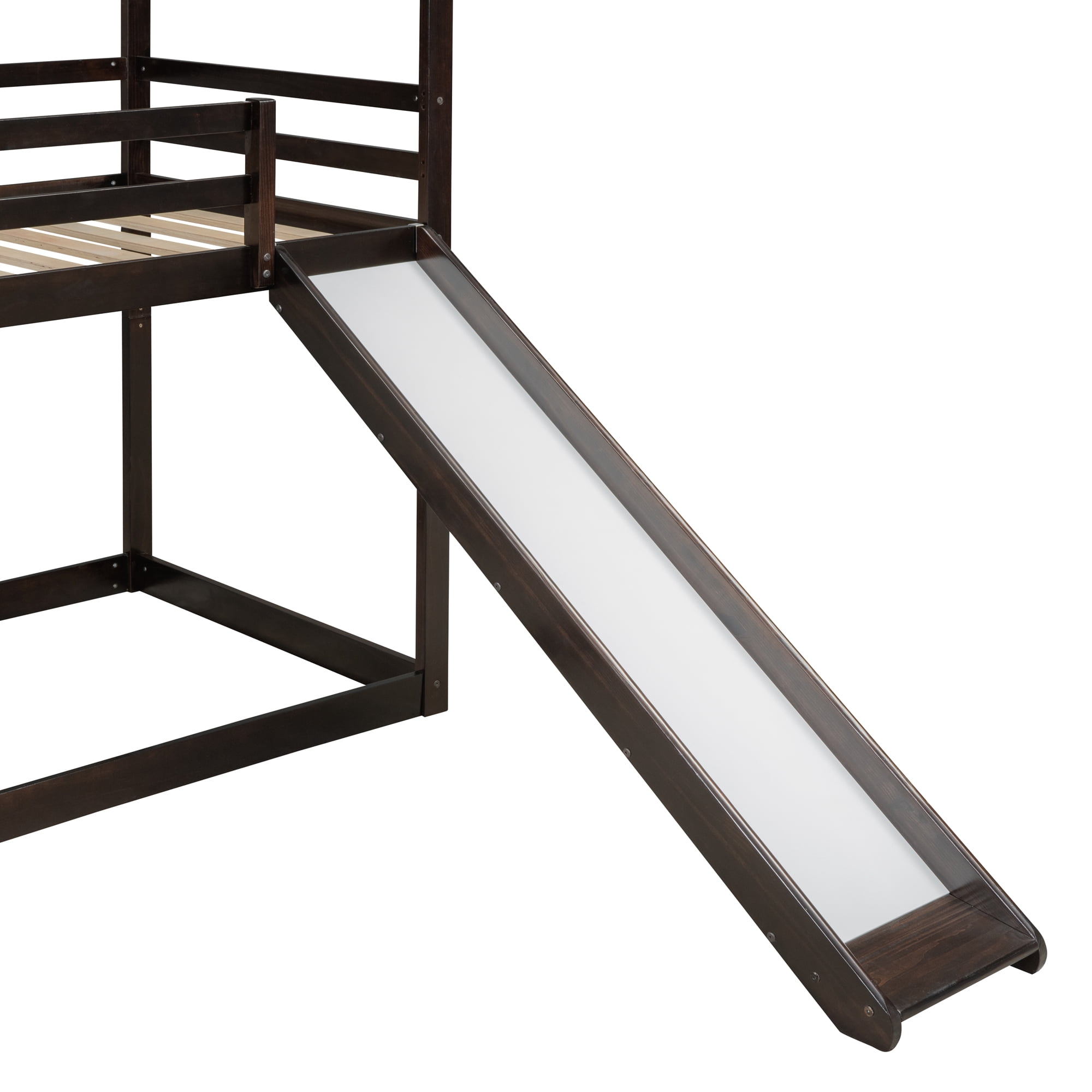 Euroco Twin over Twin House Bunk Bed with Slide, Convertible 2 Beds in One for Kids Bedroom, Espresso