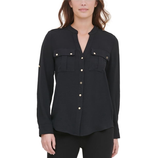Calvin Klein Womens Textured Button Up Shirt, black, XL