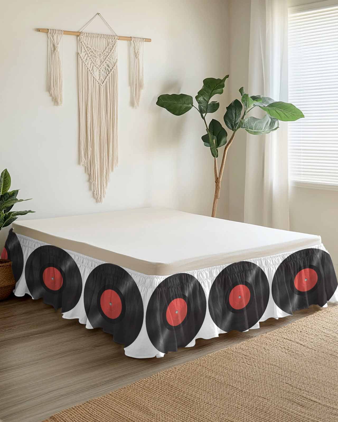 Retro Record Wrap Around Bed Skirts for Queen Bed 16" Drop, Bed Skirt with Adjustable Elastic Belt Dust Ruffle Bed Valance for Bedroom Hotel Luxury Abstract Vintage Minimalist Art Bed Frame Cover