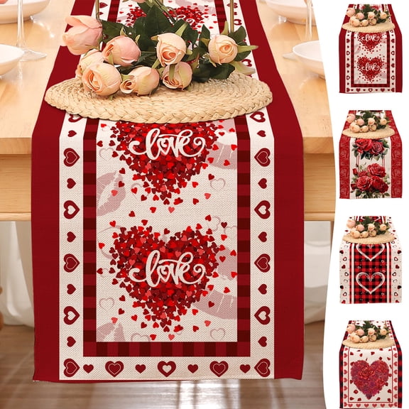Valentine's Day Rose Table Runner with Heart Pattern 12.99x72.04 inch Kitchen Dining Table Decoration Washable Linen Table Cloth For Indoor Home Party Valentine's Day