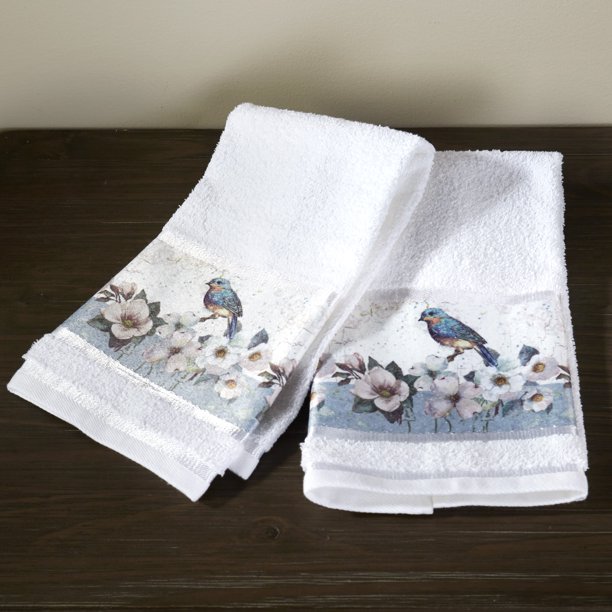 Floral Bluebird Motif Hand Towels for the Bathroom and Kitchen Set of