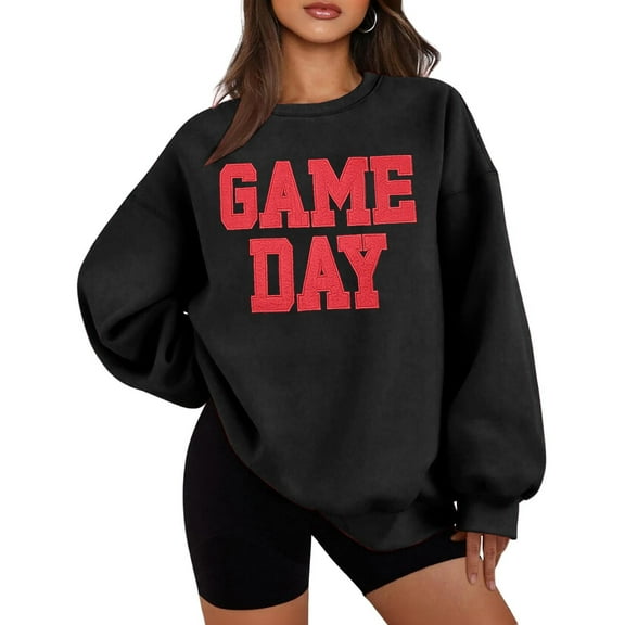 Uootdi Game Day Long Sleeve Sweatshirts for Women Football Season Graphic Sweatshirt Round Gift Neck Loose Pullover Tops Trendy Outfits