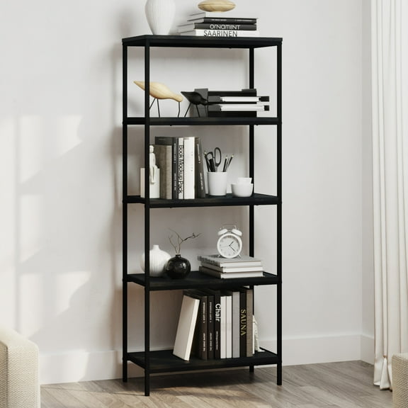 Lavish Home 5-Tier Bookshelf - Industrial Shelving Unit, Black Woodgrain