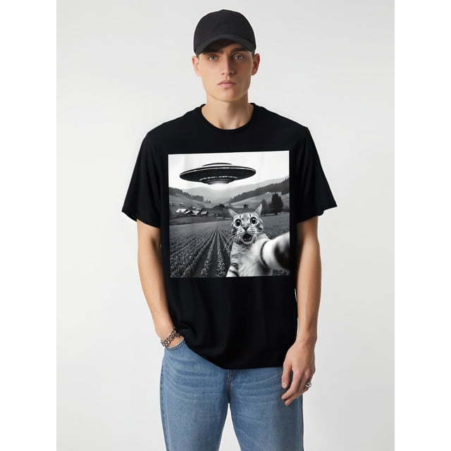 Playera gráfica Playera para para HombreCat UFO T Shirt Funny Alien Selfie Space Cat Taking Picture Of Spaceship Ufo T-Shirt Tee For Adult, Men, Women, Teen, Teenager, Adolescent, YouthFather's Day,