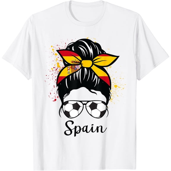 t-shirt Spain Soccer Espana Flag Soccer Ball Messy Bun T-ShirtMen and women can wear white T-shirts, gifts. Age: M,，L，XL，2XL,3XL, 4XL