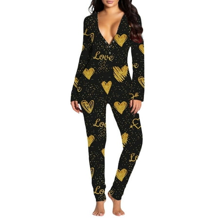 

FASHIONWT Women Printed Long Sleeve Functional Jumpusuit Full Length Butt Flap Button Snap One-Piece Pajamas