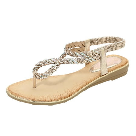 CHOII Clearance Summer Womens Flip-Flops Open Toe Casual Shoes Flats Buckle Strap Roman Sandals Minimalist Style Thong Sandals T-Strap Ankle Strap Sandals Thong Sandals Gold/7.5