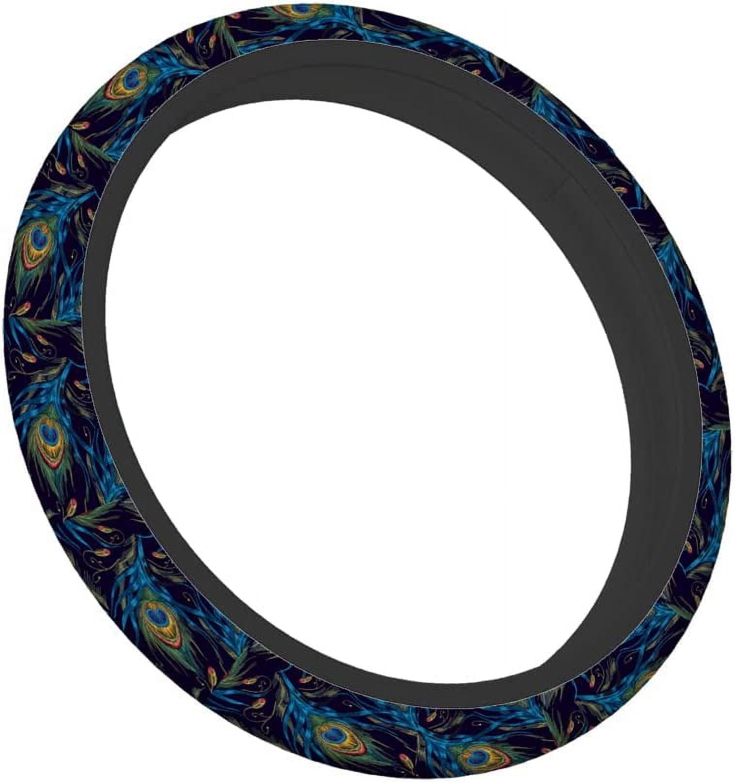 Peacock Feather Steering Wheel Cushion Case Beautiful Blue and Green Peacock Feathers Neoprene Car Steering Wheel Covers 15 Inch Anti Slip Compatible Auto Car Wrap Cover for Men Women