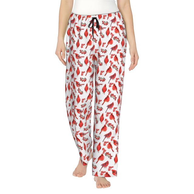 Fotbe Red Birds Pantalones de Pijama para Mujer, Pantalones de Dormir, Pantalones Pj con Cordón y Bolsillos-Small