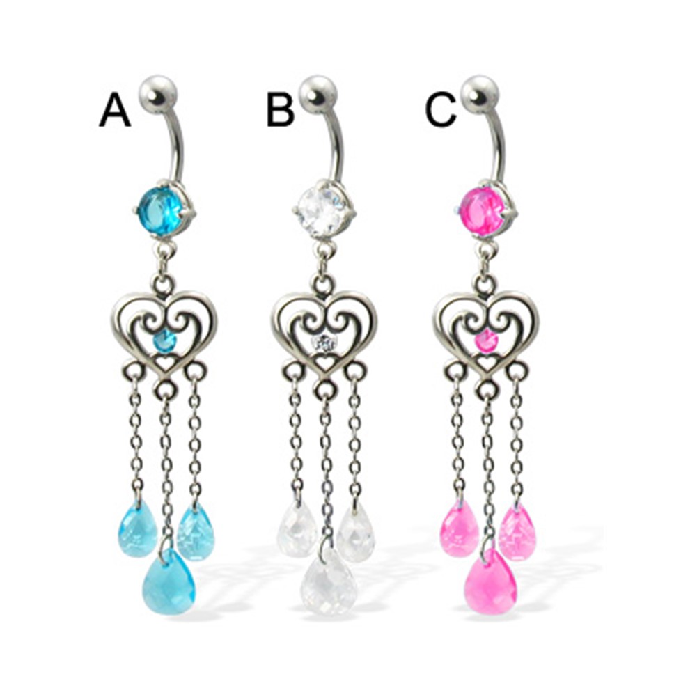 Belly Button Ring With Heart And Three Teardrop Gems On Chains,Clear