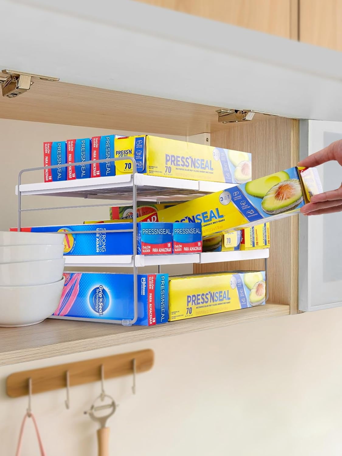 Kitchen Wrap Organizer, Expandable Pantry Organizers and Storage, 3-Tier Foil and Plastic Wrap Organizer for Cabinet, Adjustable Shelf for Tin Foil, Ziplock Box, Saran Wrap (9.8-15.6")