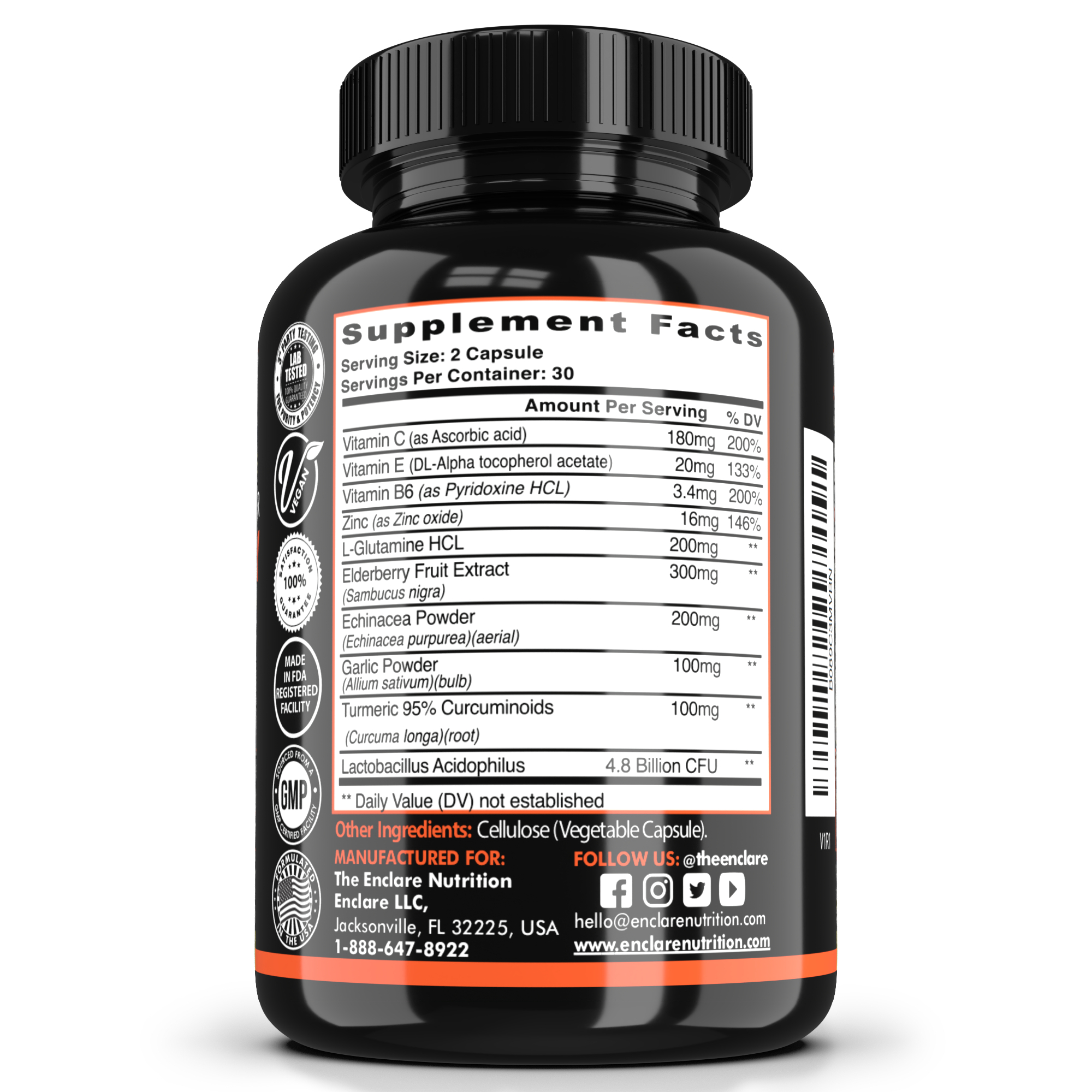 The Enclare Nutrition Emergency Immune Support for Adults, Vitamin C, Zinc, Echinacea, 60ct with Box