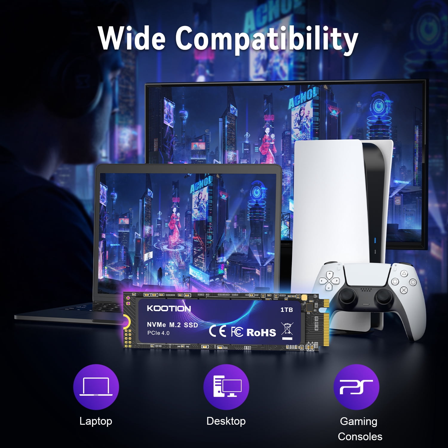 1000GB NVMe SSD PCIe 4.0 M.2 2280 Internal Gaming SSD Solid State Drive Up to 7200 MB/s Compatible with PS5 Console, Laptop
