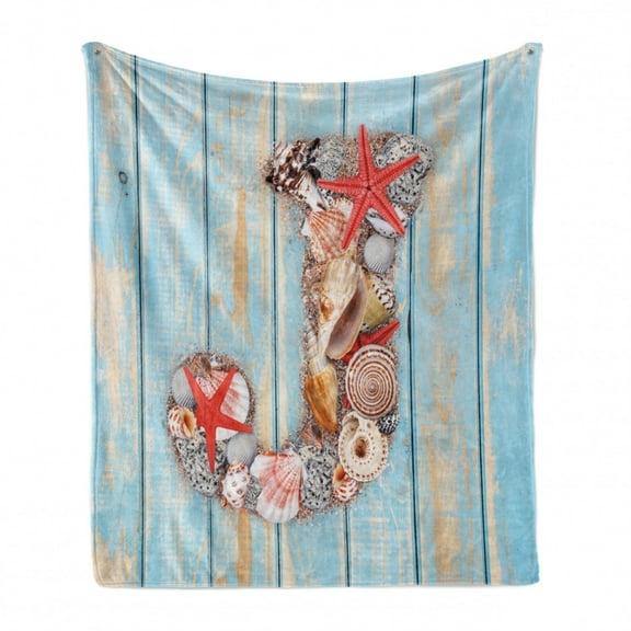 Letter J Soft Flannel Fleece Throw Blanket, Summer Holiday on Tropical Beach Theme J Rustic Old Wood Planks, Cozy Plush for Indoor and Outdoor Use, 70" x 90", Dark Coral Pale Blue, by Ambesonne