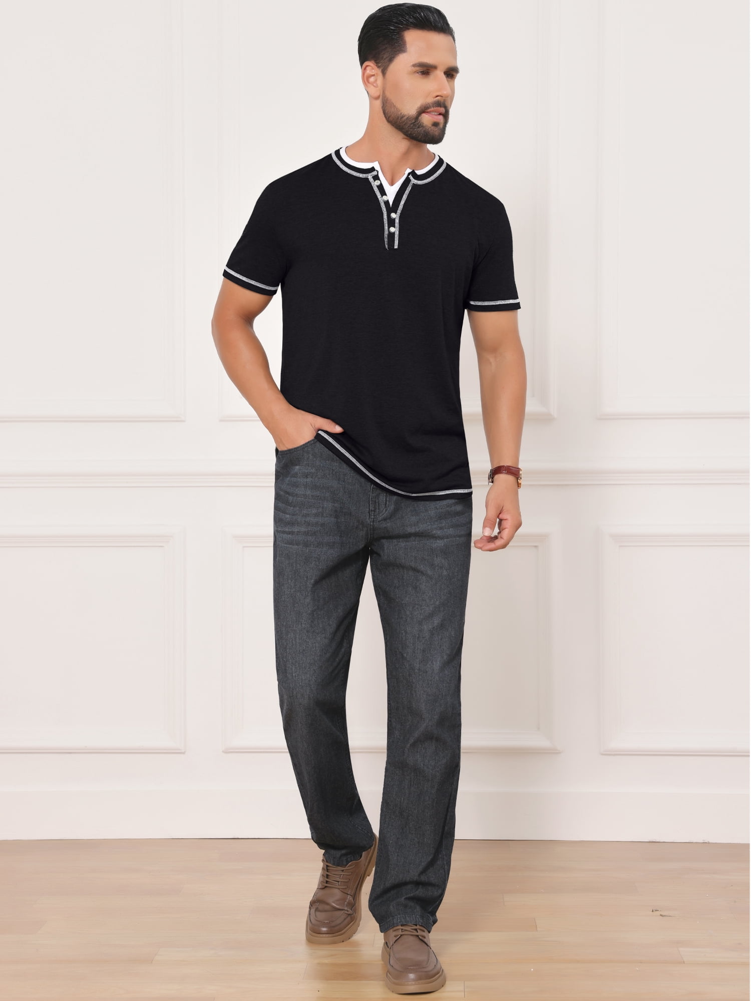 DARING DIVA Men's Henley V-Neck Colorblock Button Down Short Sleeve T-Shirt XL Black