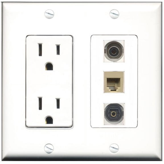 RiteAV - 15 Amp Power Outlet 1 Port Phone Beige 1 Port Toslink 1 Port 3.5mm Decorative Wall Plate