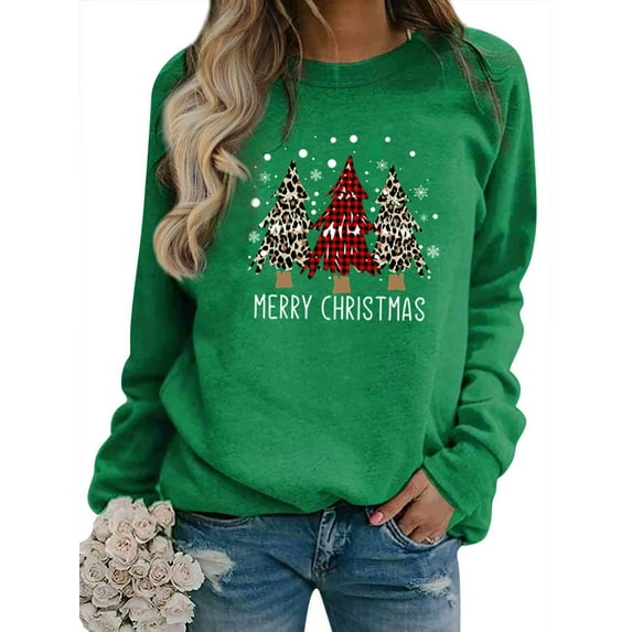 Xuanfei Women Christmas Element Print Crew Neck Long Sleeve Top