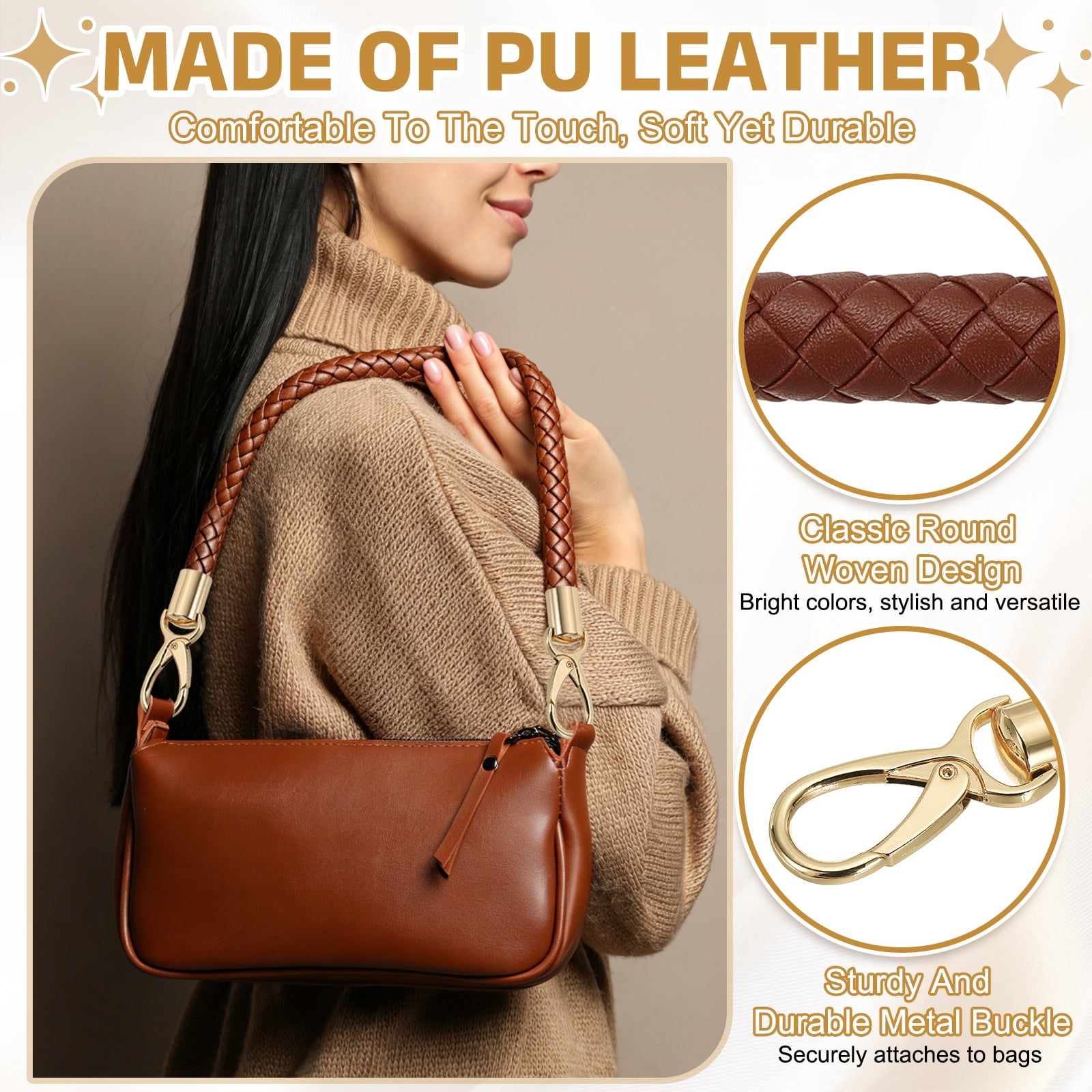 Uxcell 2 Pcs Braided Purse Strap, 65cm 25.6" PU Leather Shoulder Purse Strap for Handbag Bag Handle Replacement for DIY Making Handbag Underarm Bag, Brown (Light Gold Buckle)