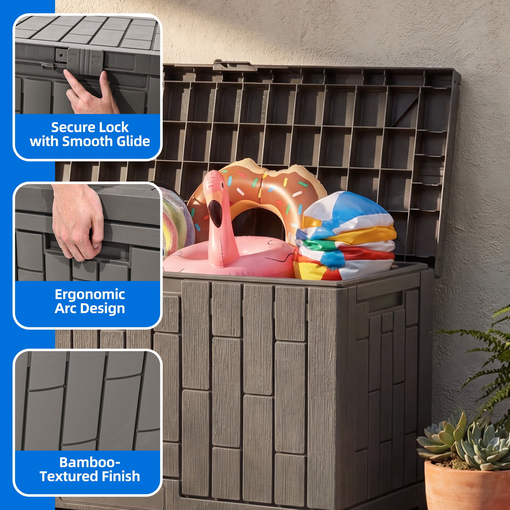 Dextrus 60 Gallon Weatherproof Rattan Deck Box, Heavy-Duty Resin Outdoor Storage Box with Slide-Locking Lid, Lockable Multi-Purpose Organizer for Patio, Garden and Home Essentials, Light Brown