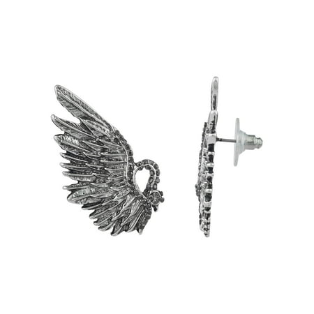 - Lux Accessories Burnished Silver Tone Angel Wings Grey Rhinestones Stud Earrings