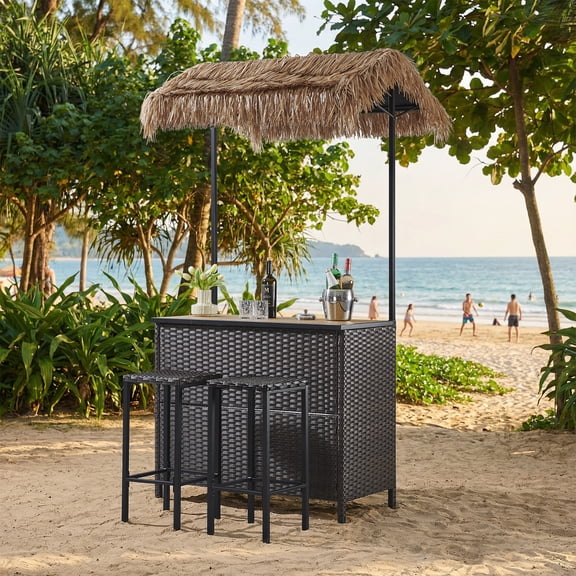 Giantfurnni Outdoor Tiki Bar Set with Canopy, 3PCS Rattan Wicker Furniture Set Patio Bar Table with 2 Bar Stools & Storage for Backyard Garden Poolside, Brown