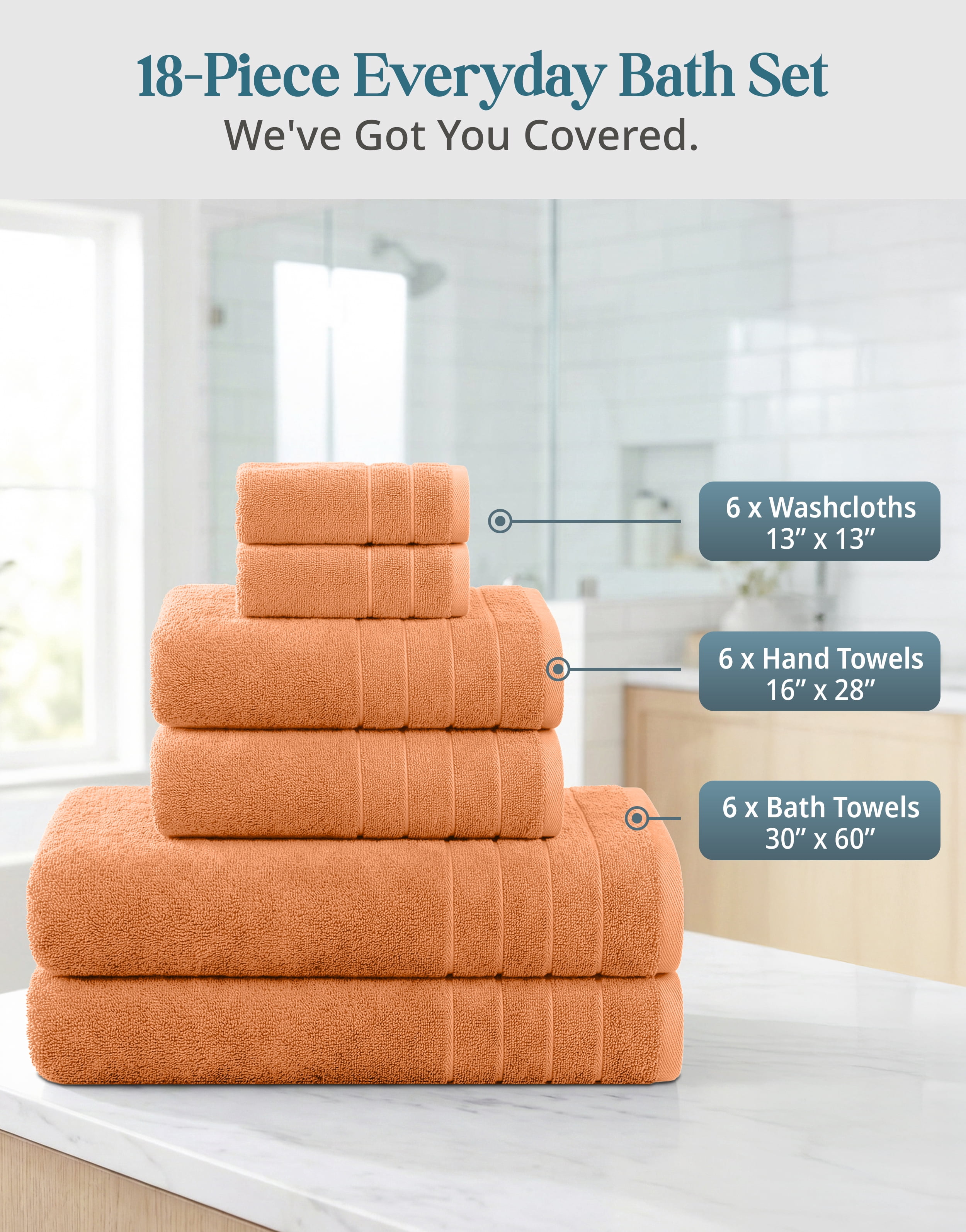 Casa Platino Luxury Towel Set - 18 Piece Set with 6 Large Bath Towels, 6 Soft Hand Towels & 6 Washcloths - 100% Ring Spun Cotton, Quick Dry - Peach Fuzz