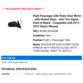 thumbnail image 2 of Right Passenger Side Power Door Mirror - with Heated Glass - with Turn Signal - Paint to Match - Compatible with 2014 - 2019 Toyota 4Runner 2015 2016 2017 2018 2021, 2 of 2