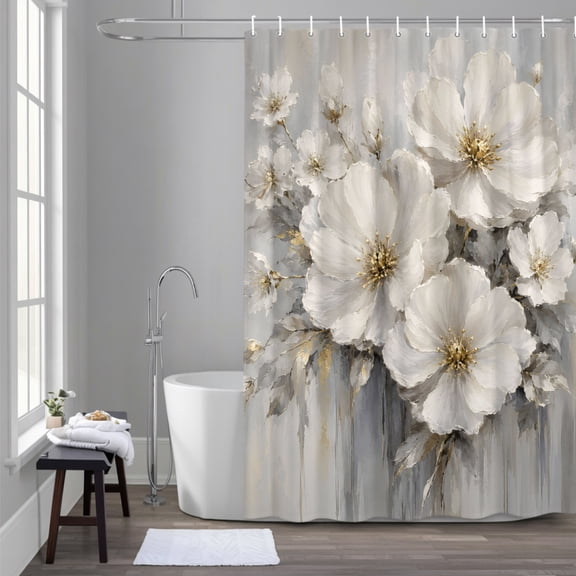 White Floral 36x72 Inches Waterproof Shower Curtain, Modern Art Minimalist Pastoral Gold Grey Flowers Blossom Bath Curtain Set with 12 Hooks Washable Shower Curtains for Bathroom Bathtub Decor