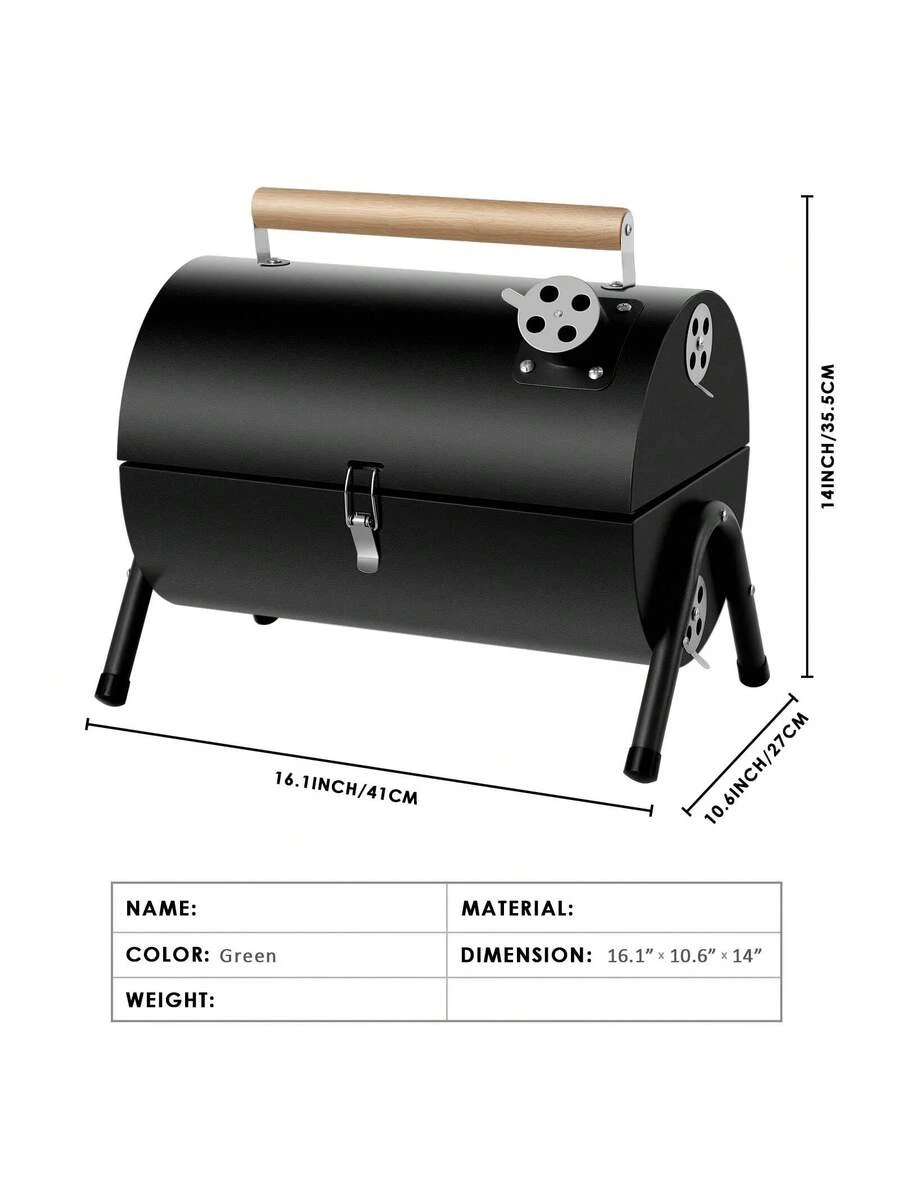 Portable Charcoal Grill and Compact Barrel Smoker, Foldable Double-Sided BBQ Grill for Camping and Tailgating, Stainless Steel with Wood Handle, Black