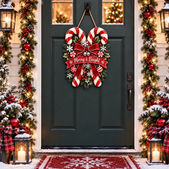 Wooden Door Sign Candy Cane Christmas with Red Bow and Holly for Festive Entryway Welcome