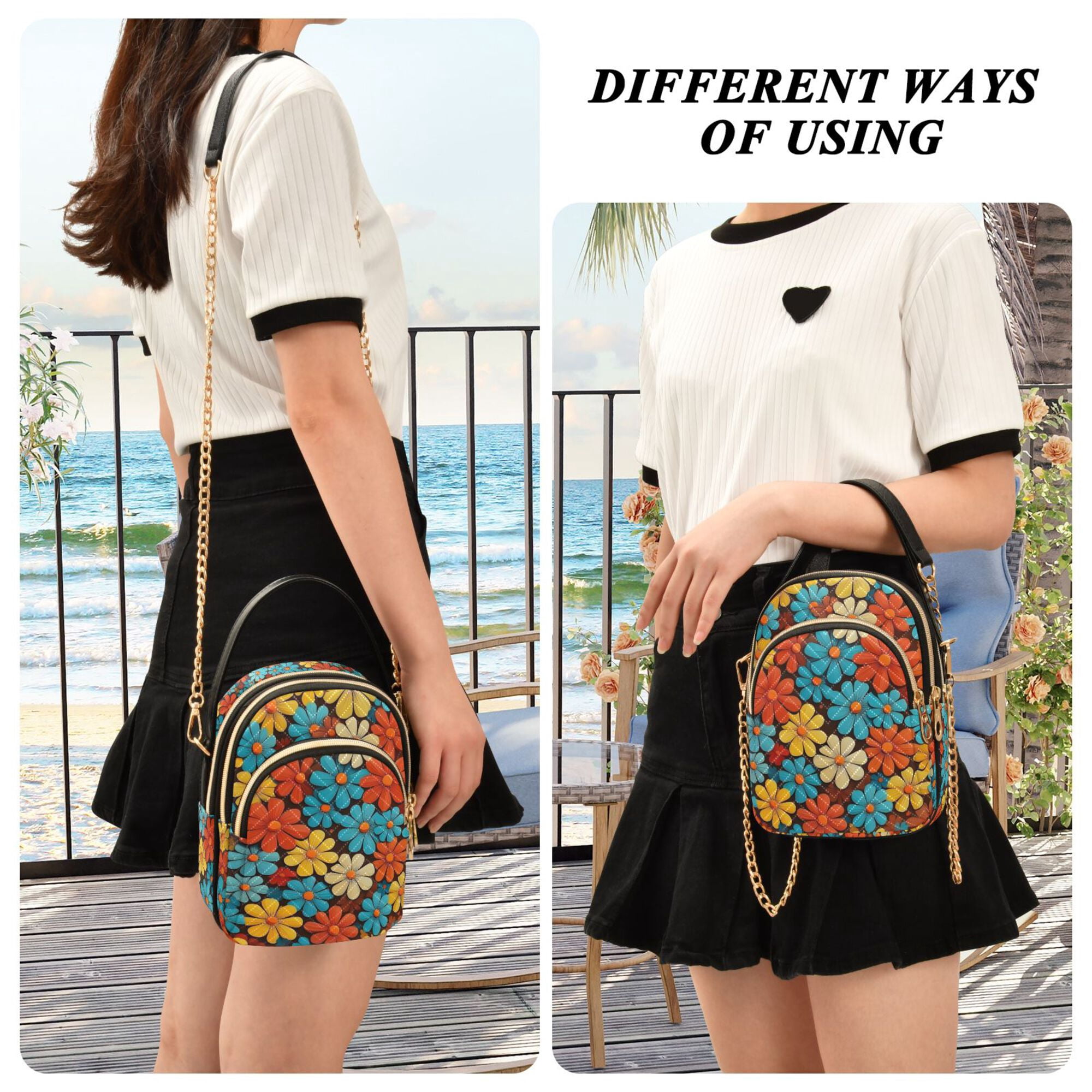 FORMRS Crossbody Bag for Women Quilted Travel Shoulder Cell Phone Purse with Chain Strap Handbag, Blooming Flowers