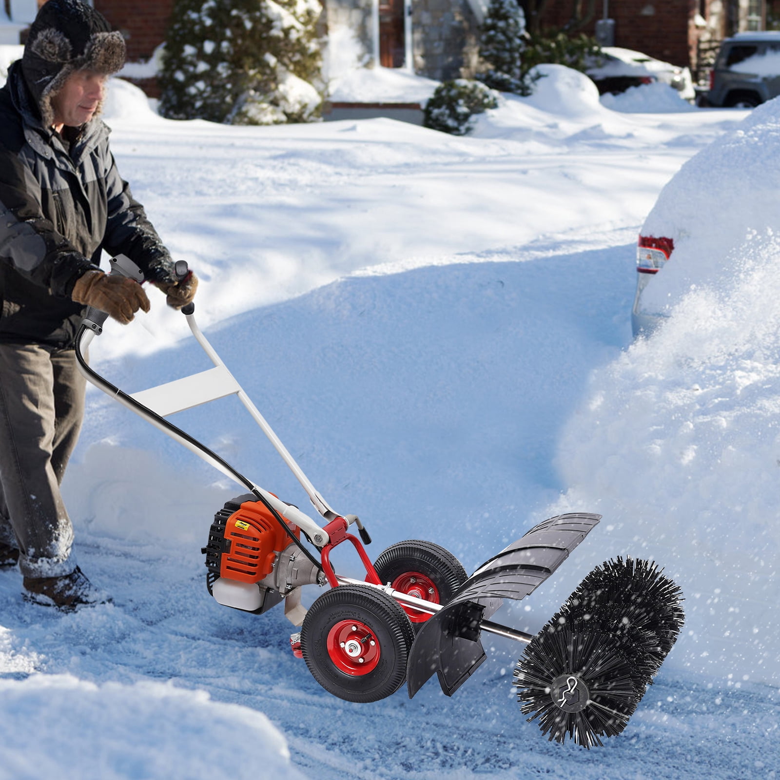 52cc 109*60*38cm Hand Push Snow Sweeper 1.82kw Gas Broom for Artificial Turf Combing Quartz Sand Filling Sweeping