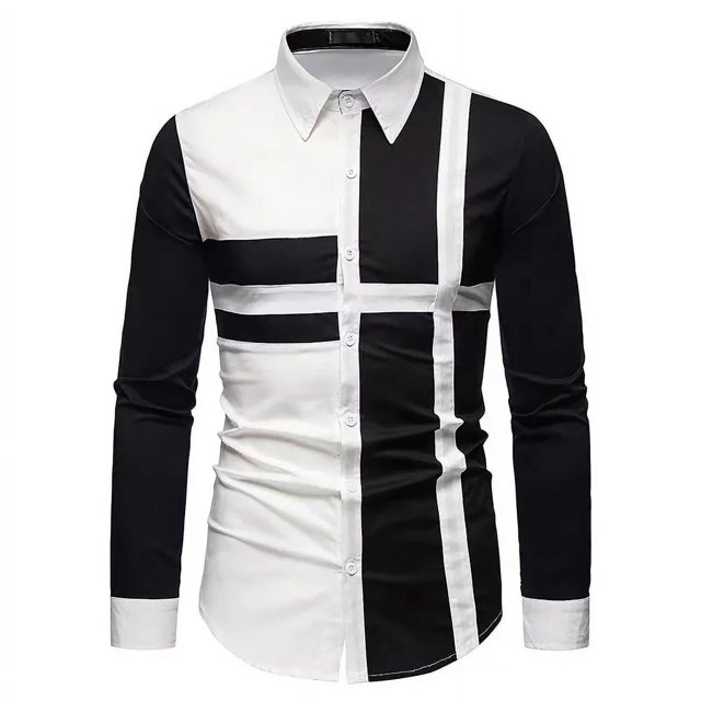 Camisa de hombre casual patchwork suave cómoda corte entallado solapa botón negro blanco para hombre talla grande