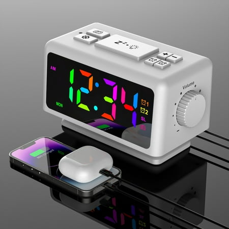 QTOCIO Home Decor, Perpetual Calendar FM Radio Alarm Clock RGB Colorful Mirror Large Screen Display Electronic Clock Suitable For Giving Holiday Gifts