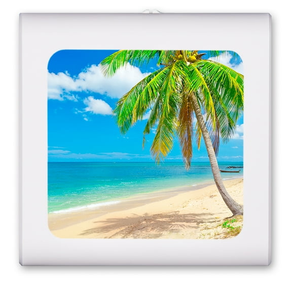 Plug in Dimmable LED Night Light with Dusk to Dawn Auto Sensor, Adjustable Brightness, Warm Light, Auto On/Off Nightlight for Bathroom, Hallway, Nursery, Bedrooms - Palm Tree on the Beach