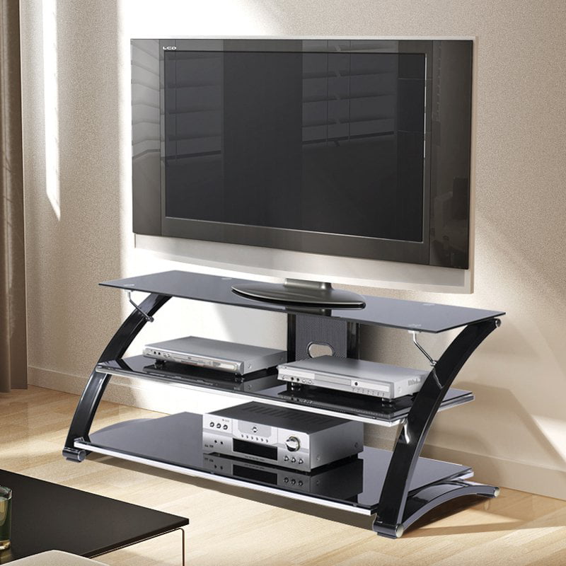 Chrome New Spec TV Stand with 2 glass Shelves and Black Base